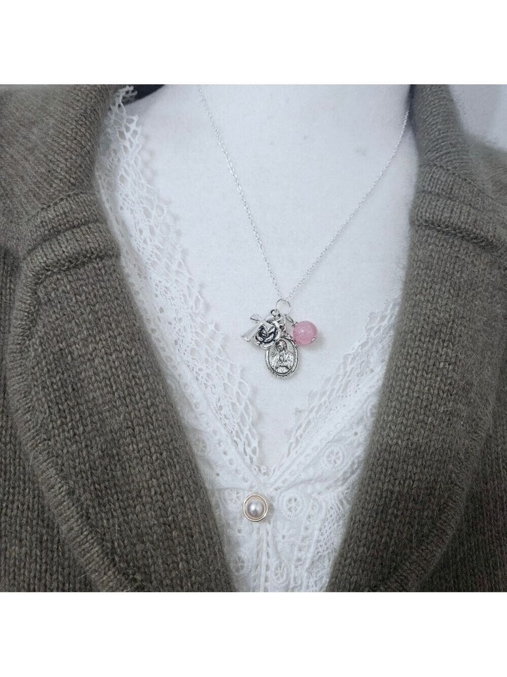 Virgin Mary Pink Stone Handmade Necklace